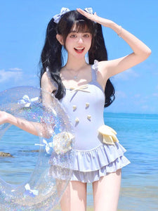 Sweet Lolita Swimsuits Light Sky Blue Bows Ruffles Sleeveless One Piece