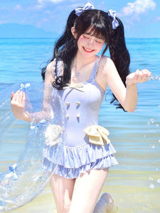 Sweet Lolita Swimsuits Light Sky Blue Bows Ruffles Sleeveless One Piece