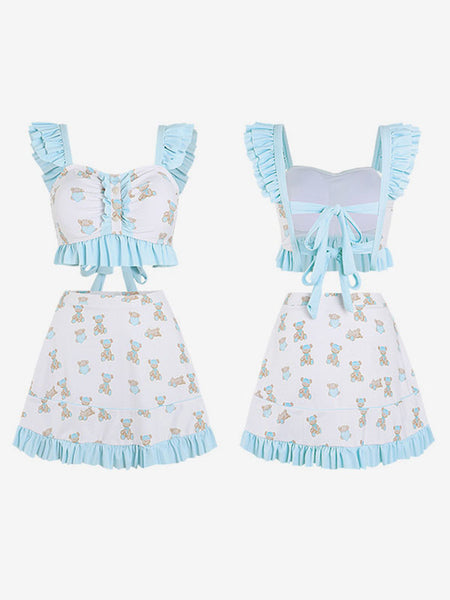 Sweet Lolita Swimsuits Light Sky Blue Ruffles Floral Print Sleeveless Skirt Pants Top