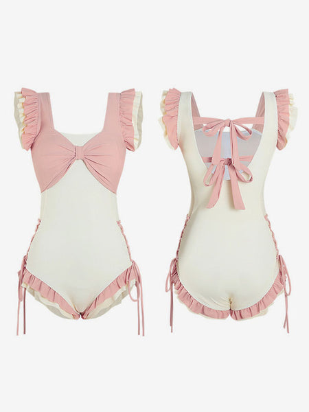 Sweet Lolita Swimsuits Pink Bows Lace Up Ruffles Sleeveless One Piece