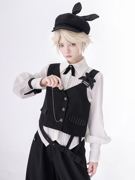 【Pre-sell】 Gothic Lolita Ouji Fashion Black Asymmetrical Shoulder Strap Waistcoat