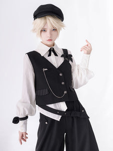 【Pre-sell】 Gothic Lolita Ouji Fashion Black Asymmetrical Shoulder Strap Waistcoat