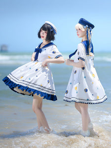 【Straight Skirt】Sweet Lolita Dress Polyester Short Sleeves Navy Style Dress Lolita Dress