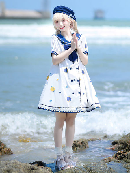 【Straight Skirt】Sweet Lolita Dress Polyester Short Sleeves Navy Style Dress Lolita Dress