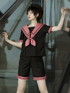 【boy】Navy Style Lolita Outfits Black Bows Ruffles Short Sleeves Top Cravat Pants