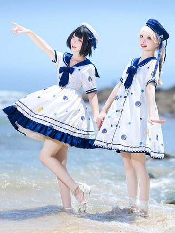 【umbrella Skirt】Sweet Lolita Dress Polyester Short Sleeves Dress Navy Style Lolita Dress