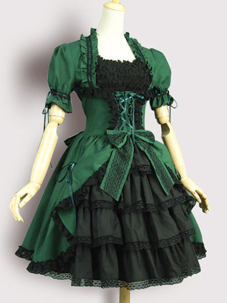 Gothic Lolita OP One Piece Dress Square Neck Short Sleeve Lace Up Ruffles Green Lolita Dress