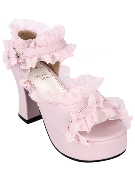 PU Leather Pink Ruffled Trim Mid Heel Round Toe Lolita Sandals