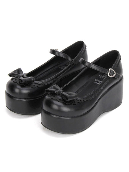 Sweet Lolita Shoes Black Platform Wedge Ankle Strap Lolita Shoes With Bow