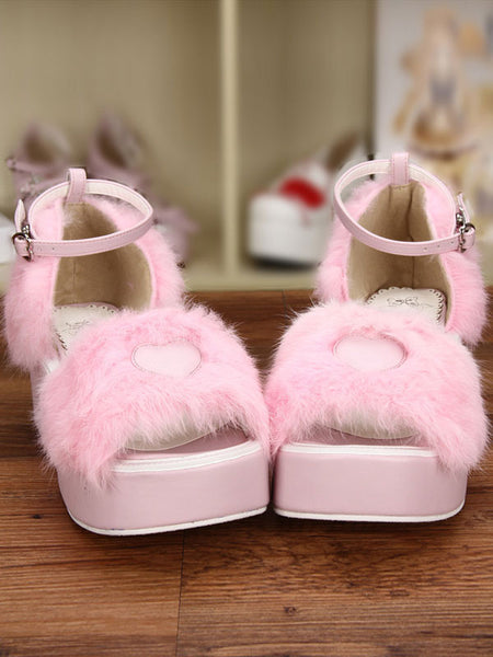 Sweet Pink Lolita Sandals Platform Fluffy Heart Shape Ankle Strap