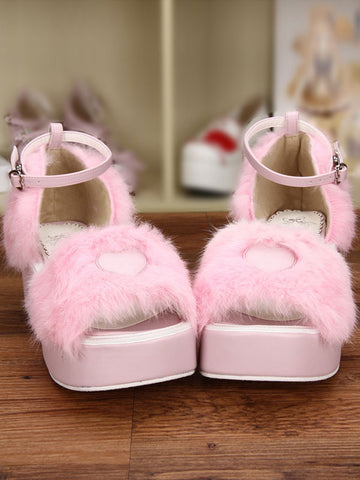 Sweet Pink Lolita Sandals Platform Fluffy Heart Shape Ankle Strap