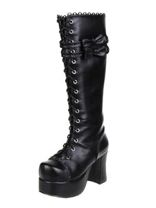 Gothic Black Lolita Chunky Heels Boots Platform Shoelace Bows