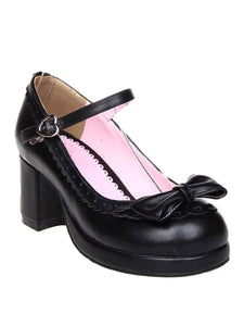 Matte Black Lolita Chunky Heels Shoes Bow Ankle Strap Heart Shape Buckle