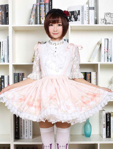 Cute Lolita Dress Sweet Pink Flower Printed  Qi Lolita Lace Trim Skirt With Suspender