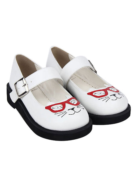 Sweet Lolita Shoes Cat Print Buckle Round Toe White Lolita Footwear
