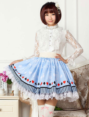 Light Blue Lace Printed Polyester Lolita Skirt for Girls
