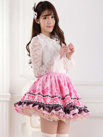 Sweet Pink Lolita Short Skirt Lining Lace Trim Clover Print