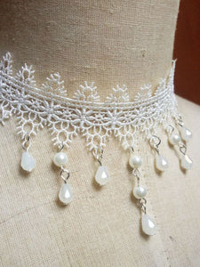 Classic Lolita Choker Necklace Lace Pearl Dangle White Lolita Jewelry