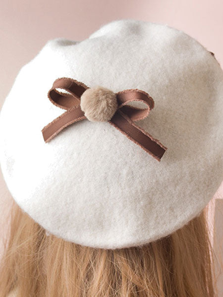Sweet Lolita Hat Bow Pom Pom Wool Lolita Beret