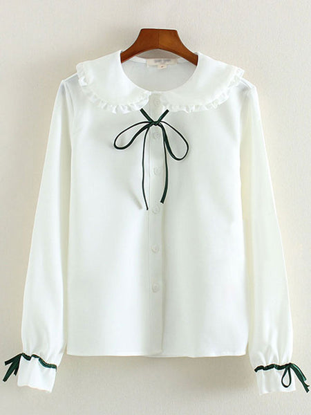 White Bow Ruched Cotton Lolita Shirt for Women