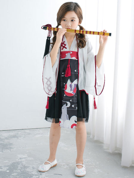 Lolita Dress For Children Chinese Style Lolita Outfit Tassel Print With Kimono Top