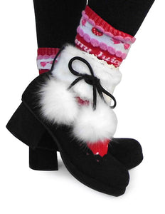 Black Velvet Lolita Heels Shoes with White Fluffy Ball