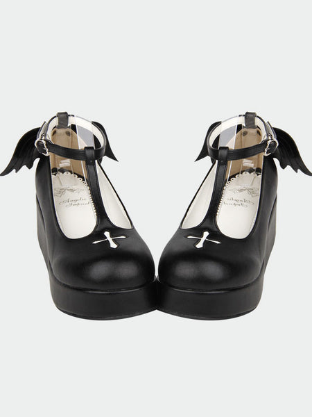 Gothic Lolita Shoes Black Platform Crux T-Strap Lolita Shoes With Evil Wing