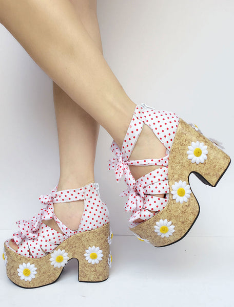 Sweet Lolita Shoes Pink Bow Platform Polka Dot Lolita Sandals
