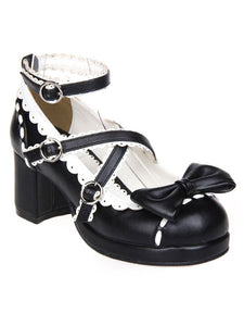 Sweet Lolita Chunky Heels Shoes Ankle Strap Bow Deco