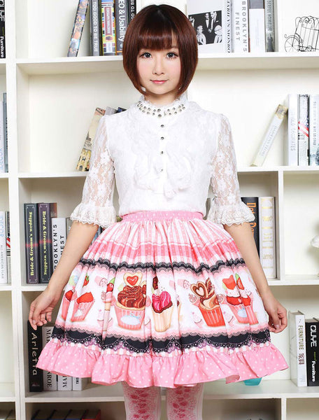 Pink Lolita Dress Sweet Cupcake Printed Lolita Skirt Ruffles Trim