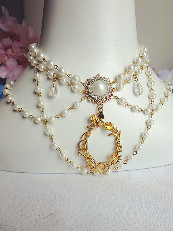 Sweet Lolita Jewelry Pearl Beading Metallic Layered White Lolita Necklace
