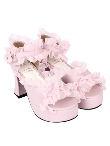 PU Leather Pink Ruffled Trim Mid Heel Round Toe Lolita Sandals