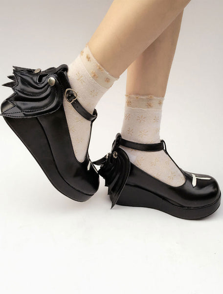 Gothic Lolita Shoes Black Cross Round Toe Lolita Pumps With Wings