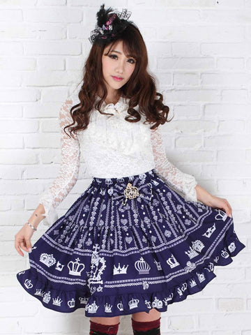 Nave Blue Polyester Lolita Skirt White Crown Printed Ruffles