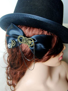 Steampunk Lolita Hair Clip Satin Bow Metallic Chain Black Lolita Hair Accessory