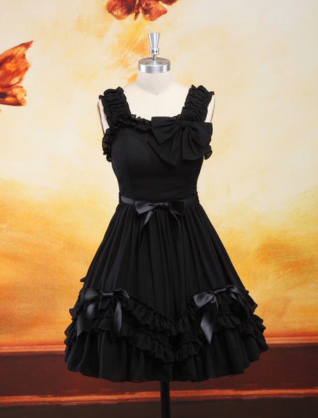 Sweet Black Straps Neck Bow Chiffon Cute Lolita Jumper Skirt