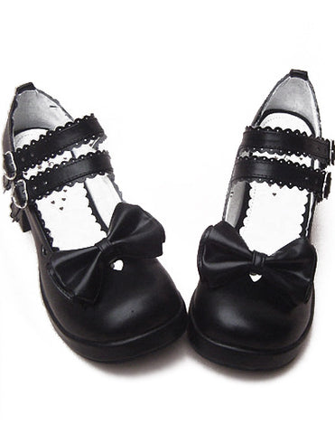 Black Chunky Heels Shoes Straps Bow Buckles Hollow Heart