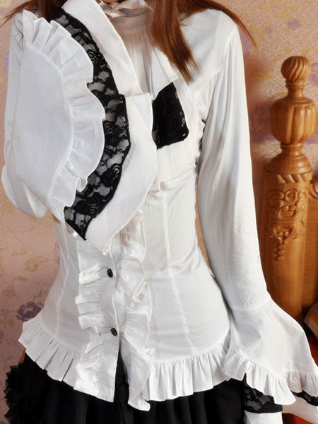 Gothic Lolita Blouse White Cotton Hime Long Sleeve Ruffled Stand Collar Lolita Shirt