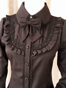Sweet Lolita Blouse Red Long Sleeve Turndown Collar Bow Ruffled Winter Lolita Shirt
