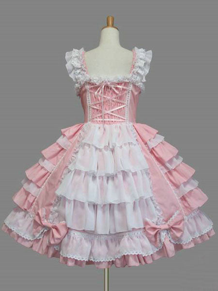 Sweet Lolita Dress JSK Rococo Pink Cotton Lace Bow Ruffled Layered Lolita Jumper Skirt