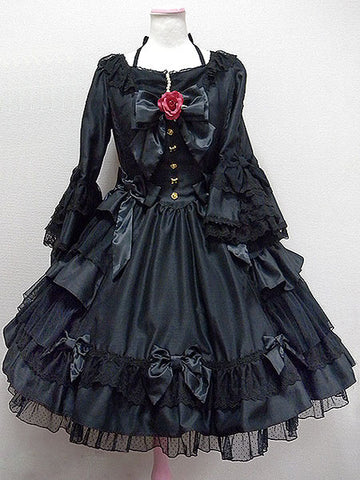 Classic Lolita Dress OP Black Hime Long Sleeve Lace Ruffled Bow Button Lolita One Piece Dress With Red Flowers