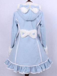 Hooded Lolita Coat Sweet Ruffles Pom Poms Wool Overcoat Bows Long Sleeve Winter Cute Lolita Outwear