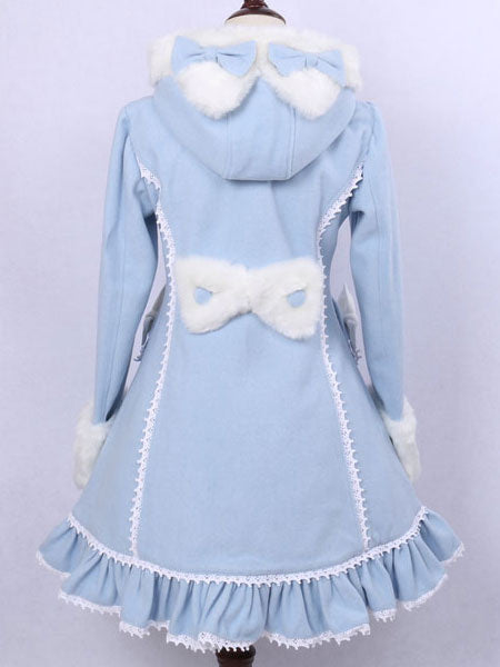 Hooded Lolita Coat Sweet Ruffles Pom Poms Wool Overcoat Bows Long Sleeve Winter Cute Lolita Outwear