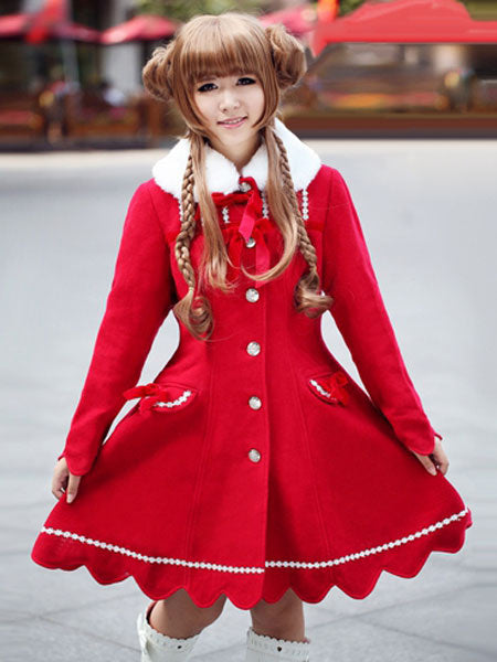 Red Lolita Coat Cashmere Flare Sweet Lolita Overcoat Fur Collar Long Sleeve Lace Up Winter Lolita Coat