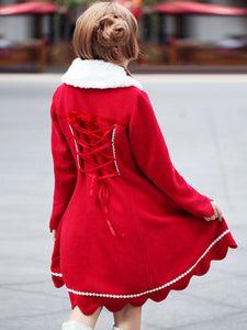 Red Lolita Coat Cashmere Flare Sweet Lolita Overcoat Fur Collar Long Sleeve Lace Up Winter Lolita Coat