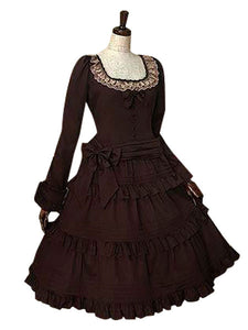 Gothic Lolita Dress OP Square Neckline Ruffles Long Sleeve Court Dress In Dark Brown