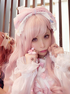 Pink Lolita Wigs Long Curly Blunt Bangs Kawaii Synthetic Hair Wigs
