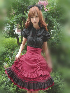 Rococo Lolita Skirt SK Cotton Lace Patch Ribbons Layered Ruffles Pleated A Line Lolita Skirt
