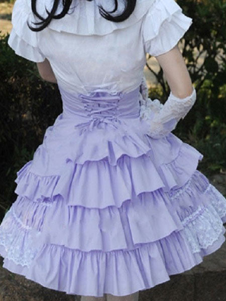 Rococo Lolita Skirt SK Cotton Lace Patch Ribbons Layered Ruffles Pleated A Line Lolita Skirt