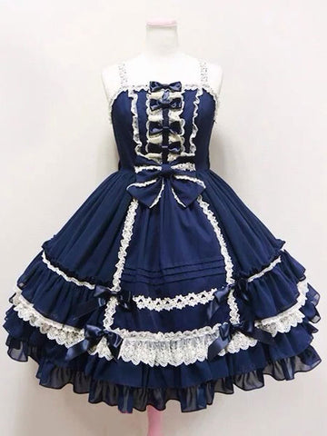 Rococo Lolita Dress JSK Lace Trim Ruffles Pleated Bow Lolita Jumper Skirt 